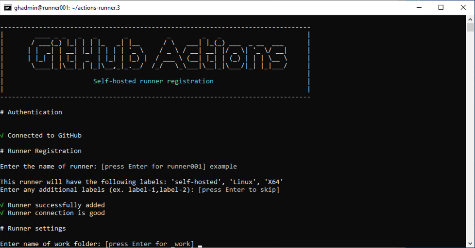 Screenshot che mostra la registrazione e le impostazioni dello strumento di esecuzione di GitHub Actions.