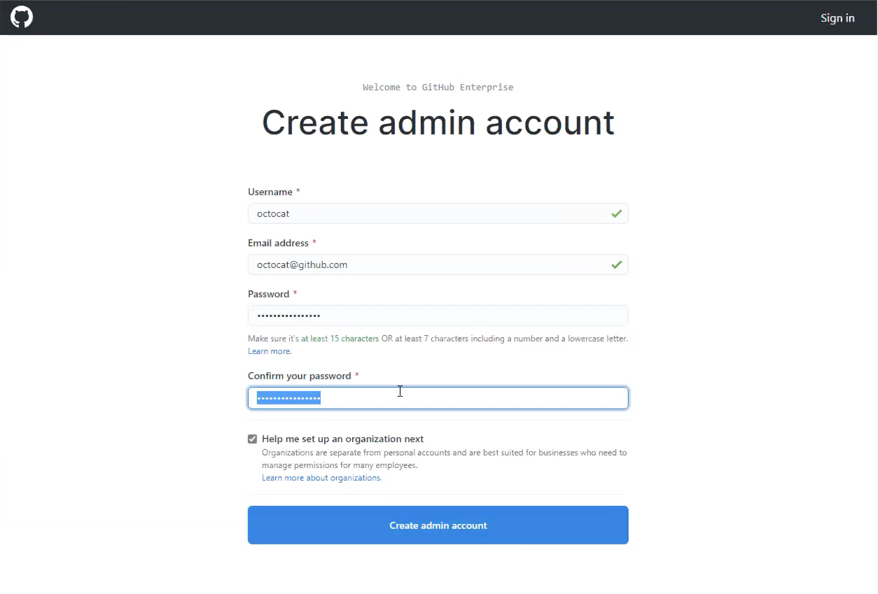 Screenshot che mostra l'opzione Crea account amministratore per GitHub Enterprise.