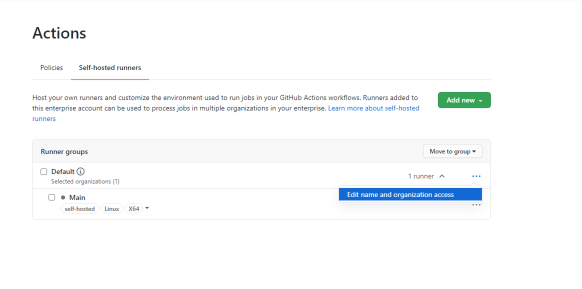 Screenshot di come modificare l'accesso per gli strumenti di esecuzione self-hosted.