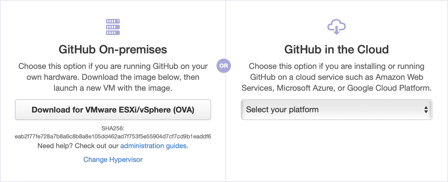 Screenshot che mostra le opzioni di installazione di GitHub Enterprise Server in VMware.