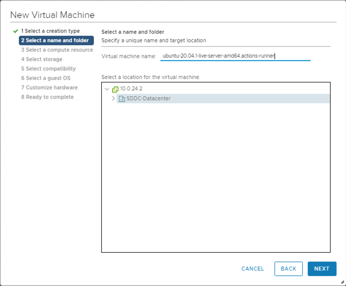 Screenshot che mostra il nome e il percorso della macchina virtuale per effettuare il provisioning di una nuova macchina virtuale.