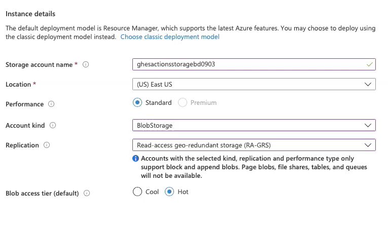 Screenshot che mostra i dettagli dell'istanza da immettere per il provisioning di un account Archiviazione BLOB di Azure.
