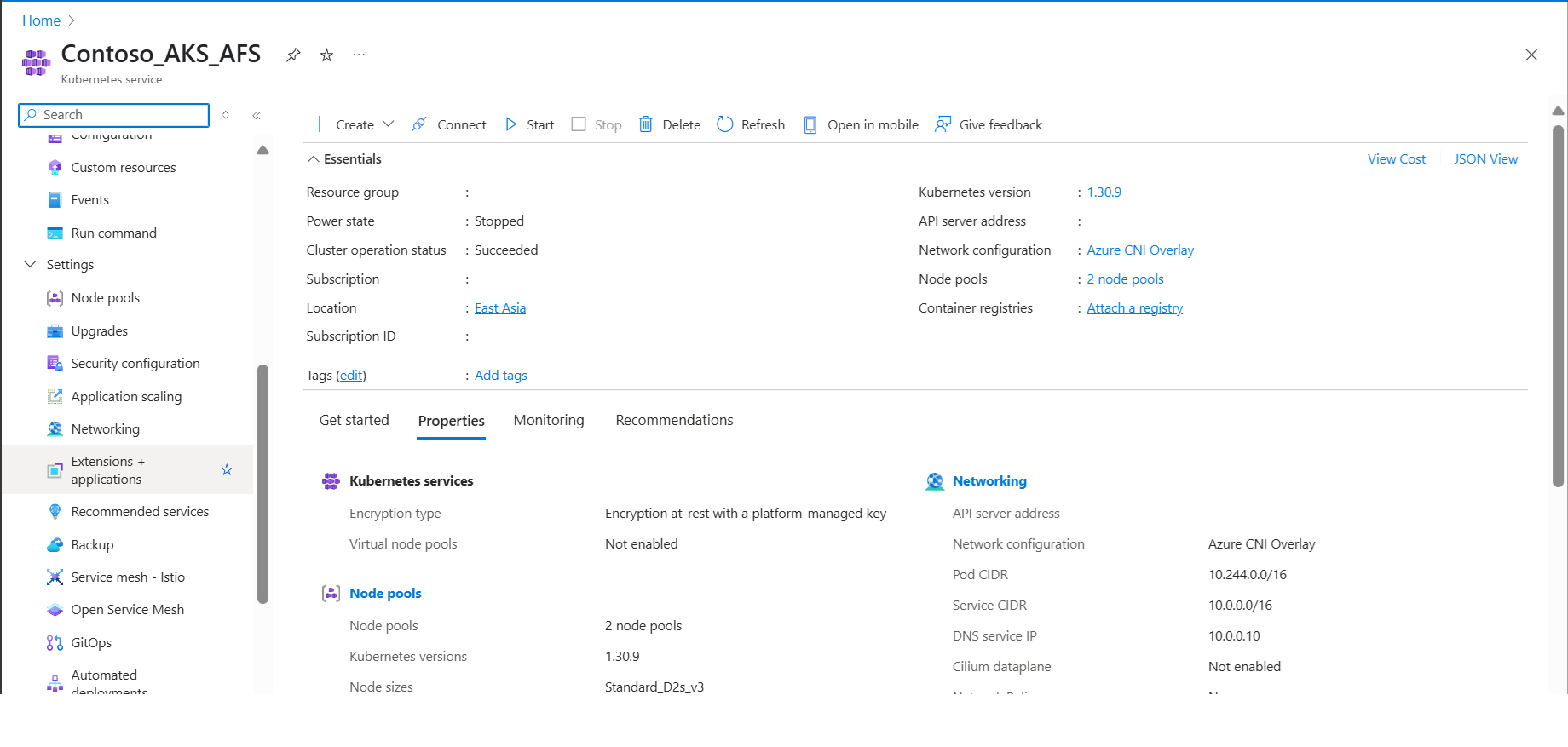 Screenshot che mostra il cluster AKS nel portale di Azure.