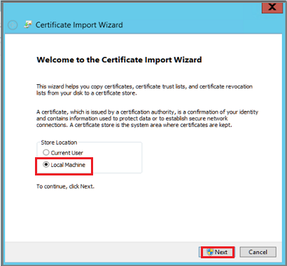 Screenshot che mostra la procedura guidata per l'importazione dei certificati.