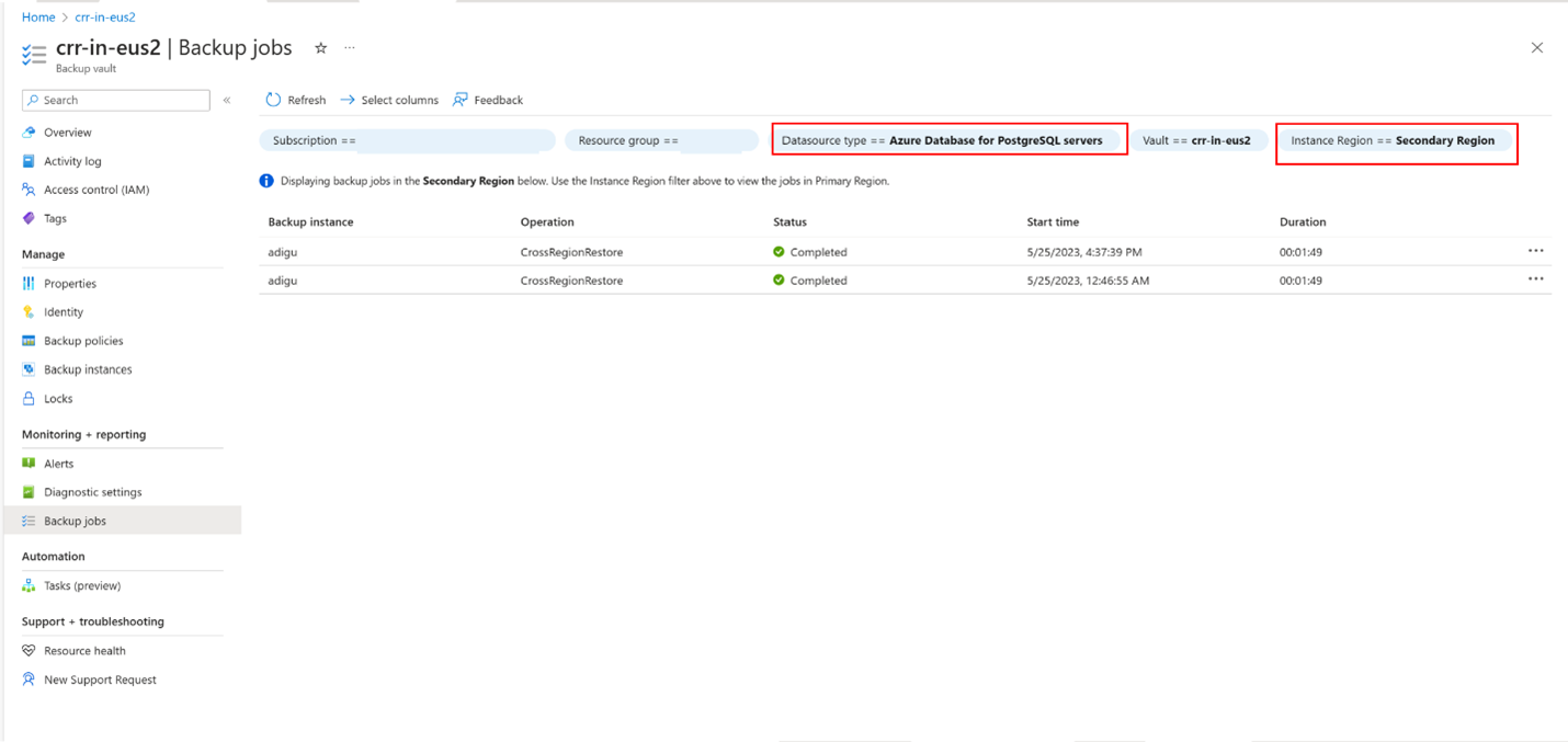 Screenshot che mostra come monitorare il ripristino postgresql nell'area secondaria.