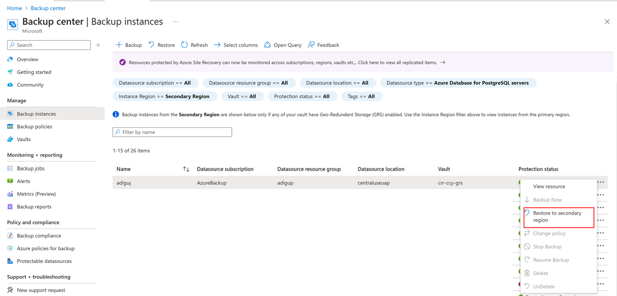 Screenshot che mostra come attivare i ripristini dalla rispettiva istanza di backup.