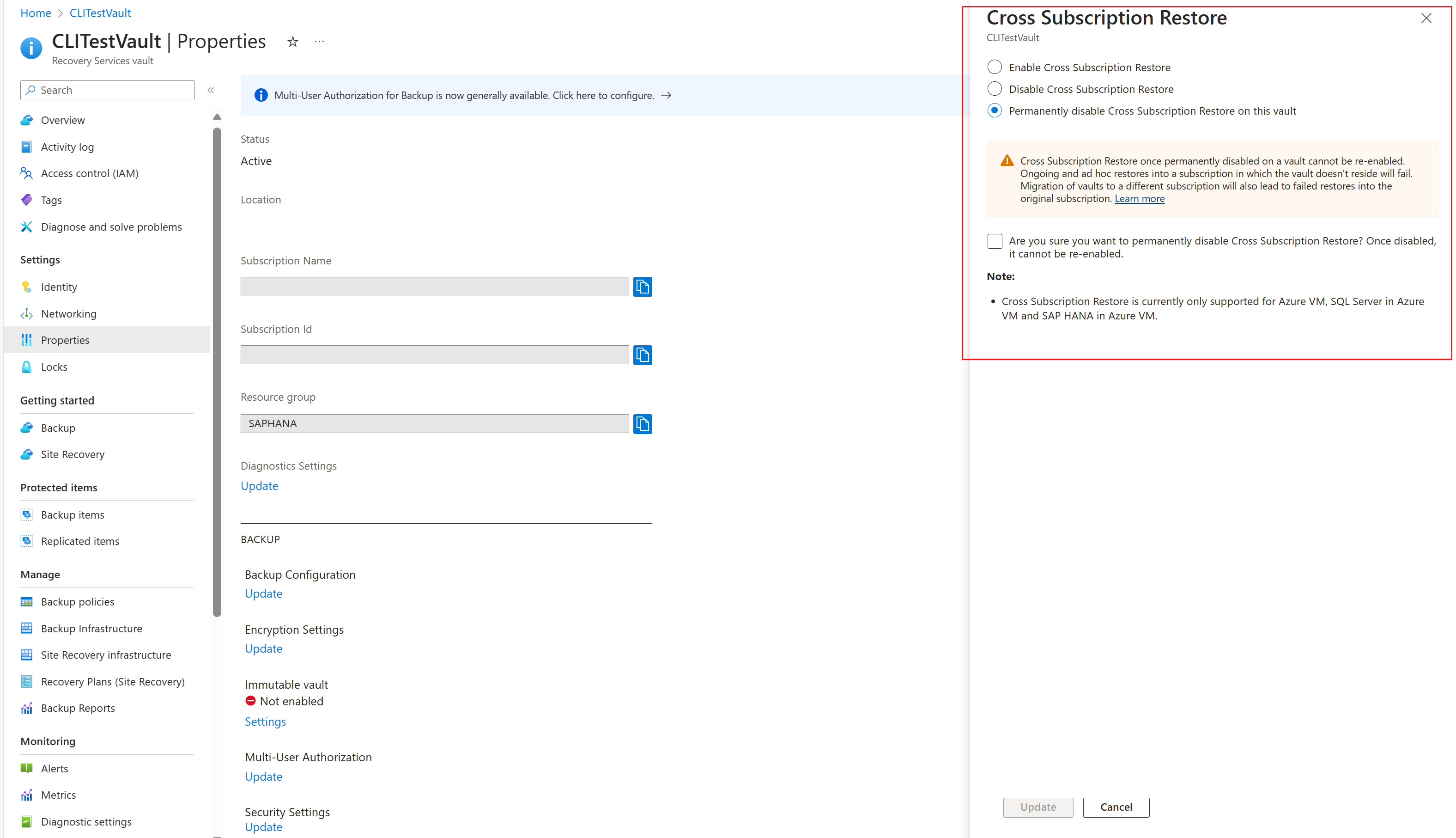 Screenshot che mostra come disabilitare il ripristino tra sottoscrizioni per l'insieme di credenziali di backup.