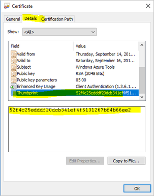 Screenshot che mostra il campo impronta digitale del certificato.