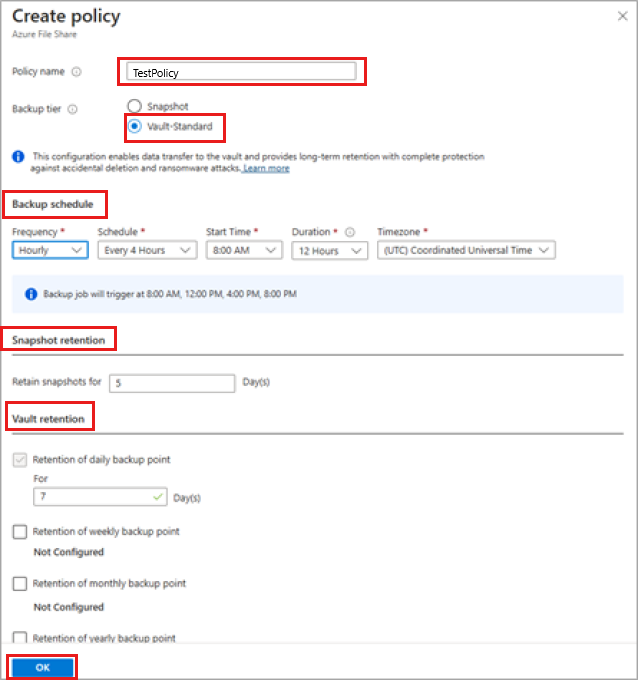 Screenshot che illustra come programmare il backup e il tempo di conservazione.