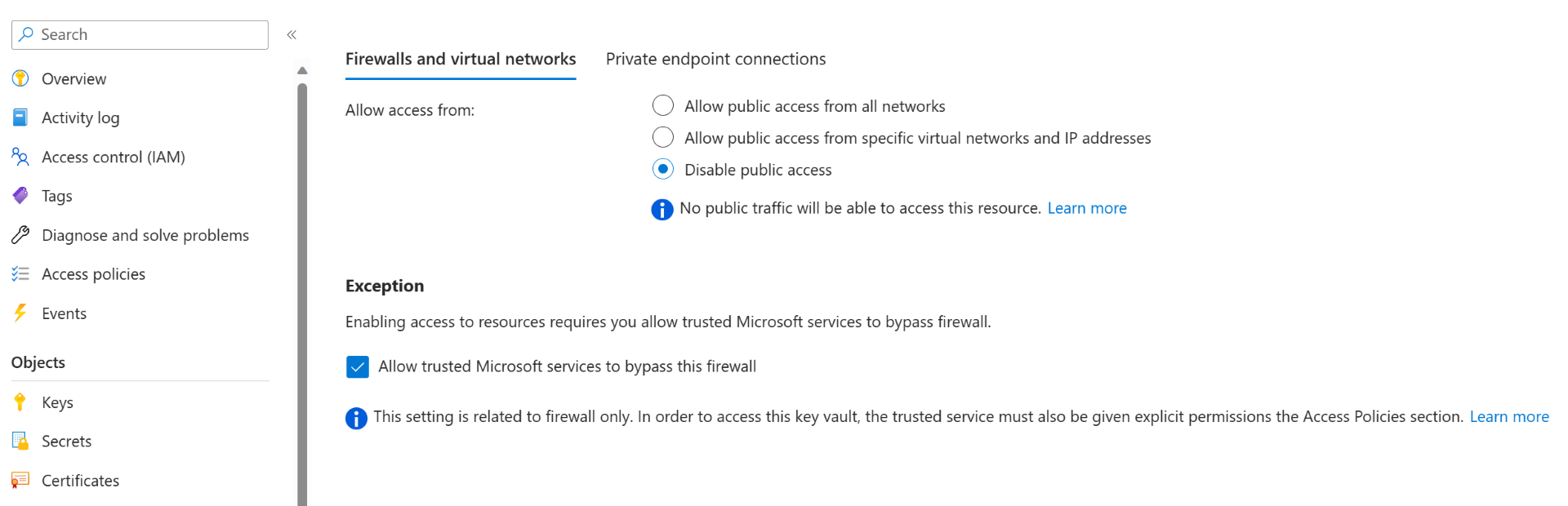 Eccezione del firewall aggiunta per Key Vault
