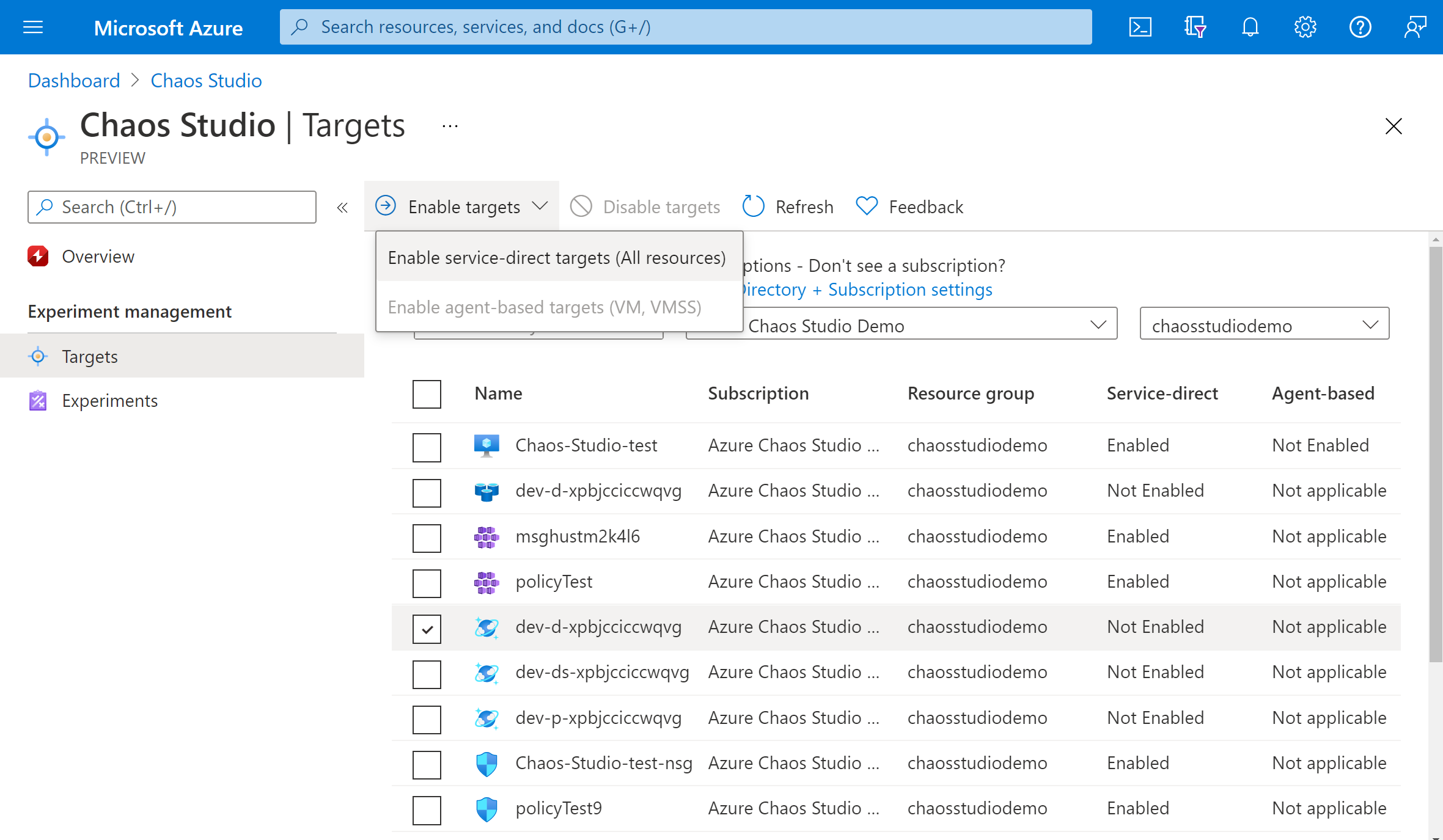 Screenshot che mostra l'abilitazione delle destinazioni nel portale di Azure.