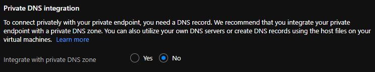 Screenshot che mostra l'opzione Integrazione con zona DNS privata impostata su no nel portale di Azure.