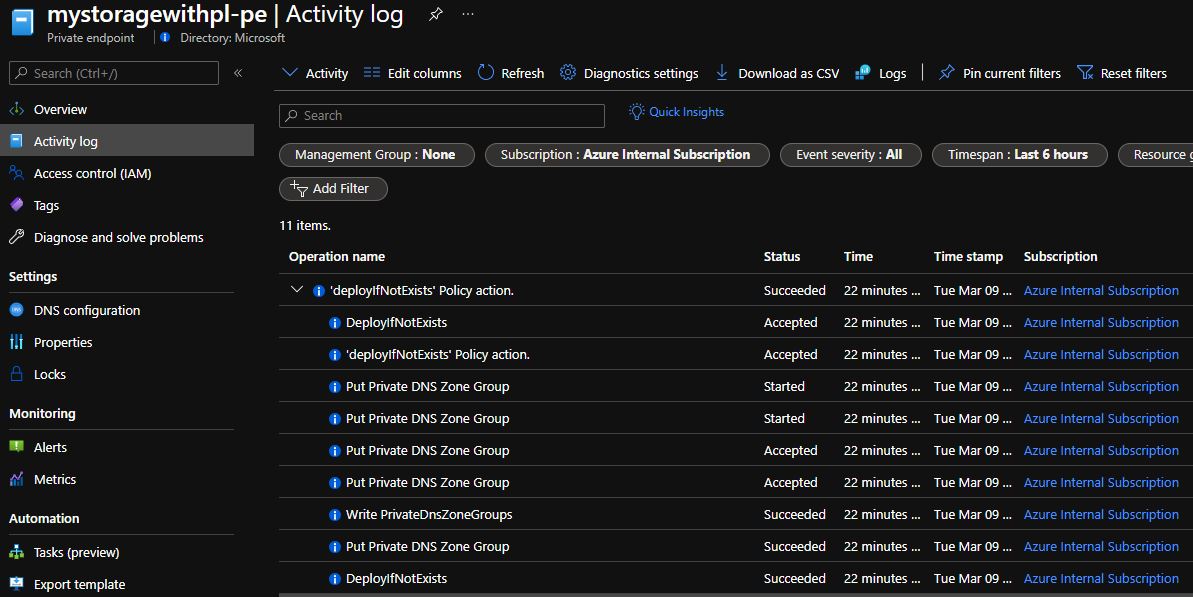 Una screenshot che mostra il log delle attività del gruppo di risorse e dell'endpoint privato.