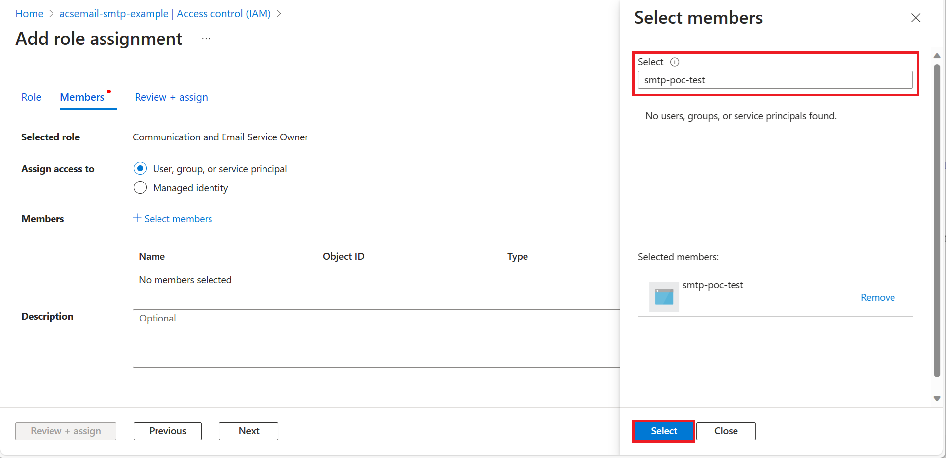 Screenshot che mostra la selezione dell'applicazione Microsoft Entra che ottiene il ruolo predefinito.
