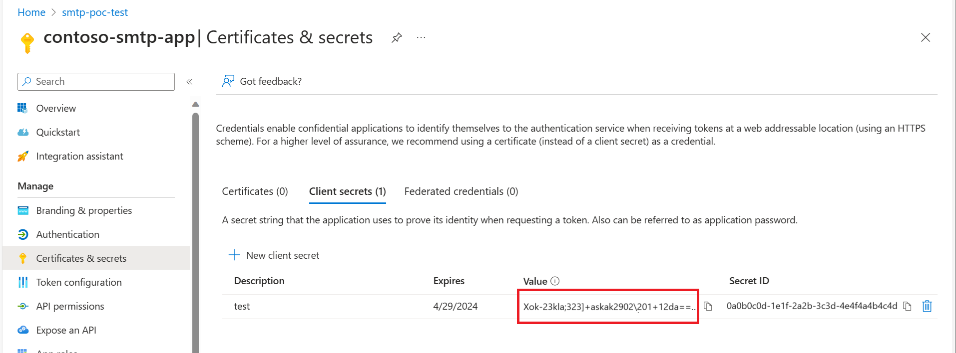 Screenshot che mostra l'individuazione del segreto del client di Microsoft Entra.