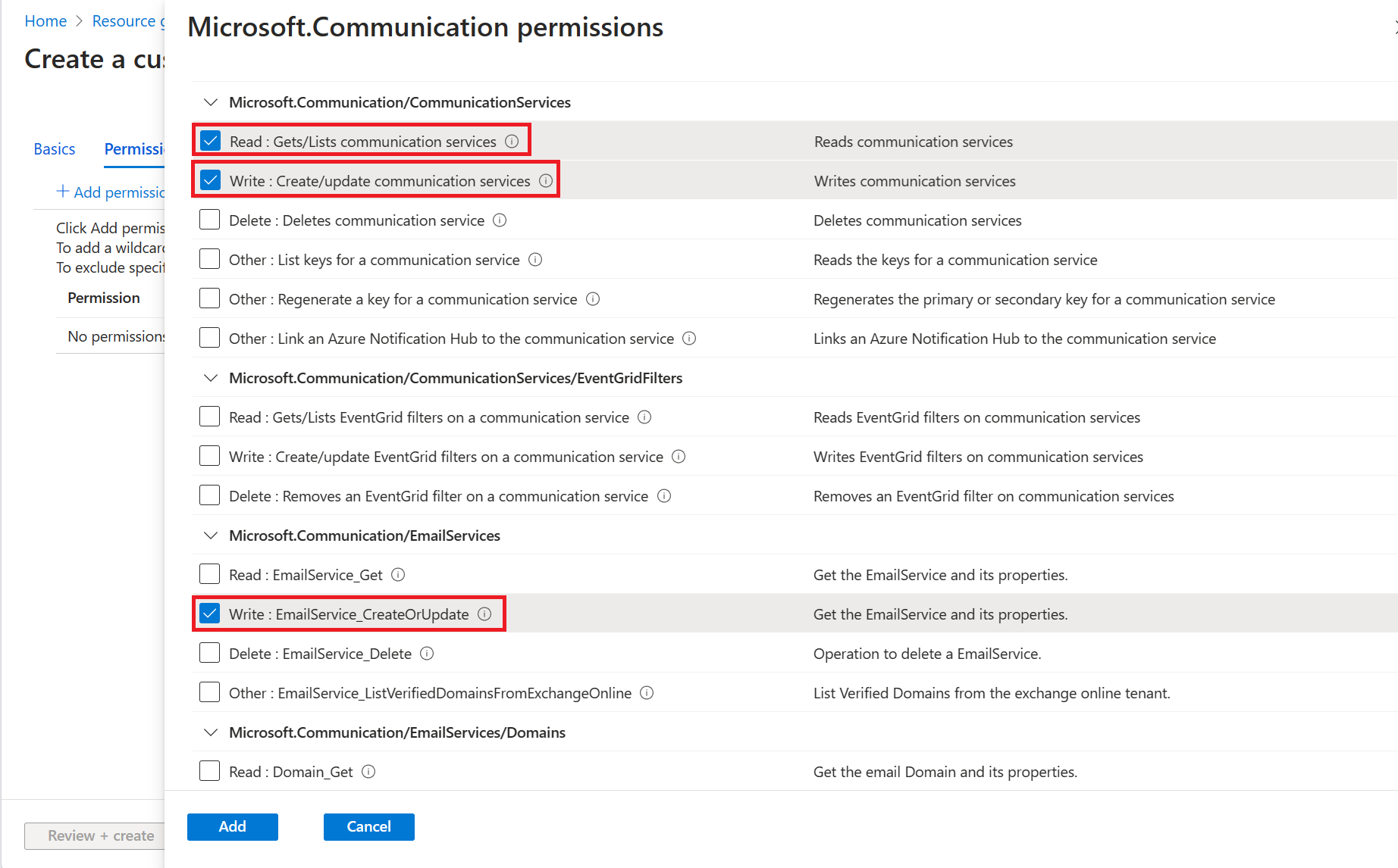 Screenshot che mostra l'aggiunta delle autorizzazioni di Servizi di comunicazione di Azure.
