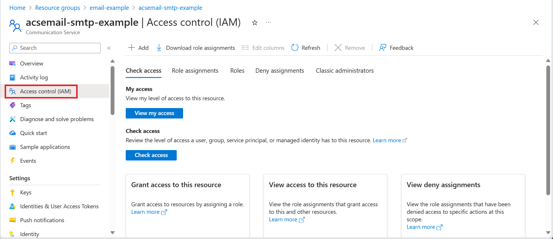 Screenshot che mostra il controllo di accesso per la risorsa di comunicazione.