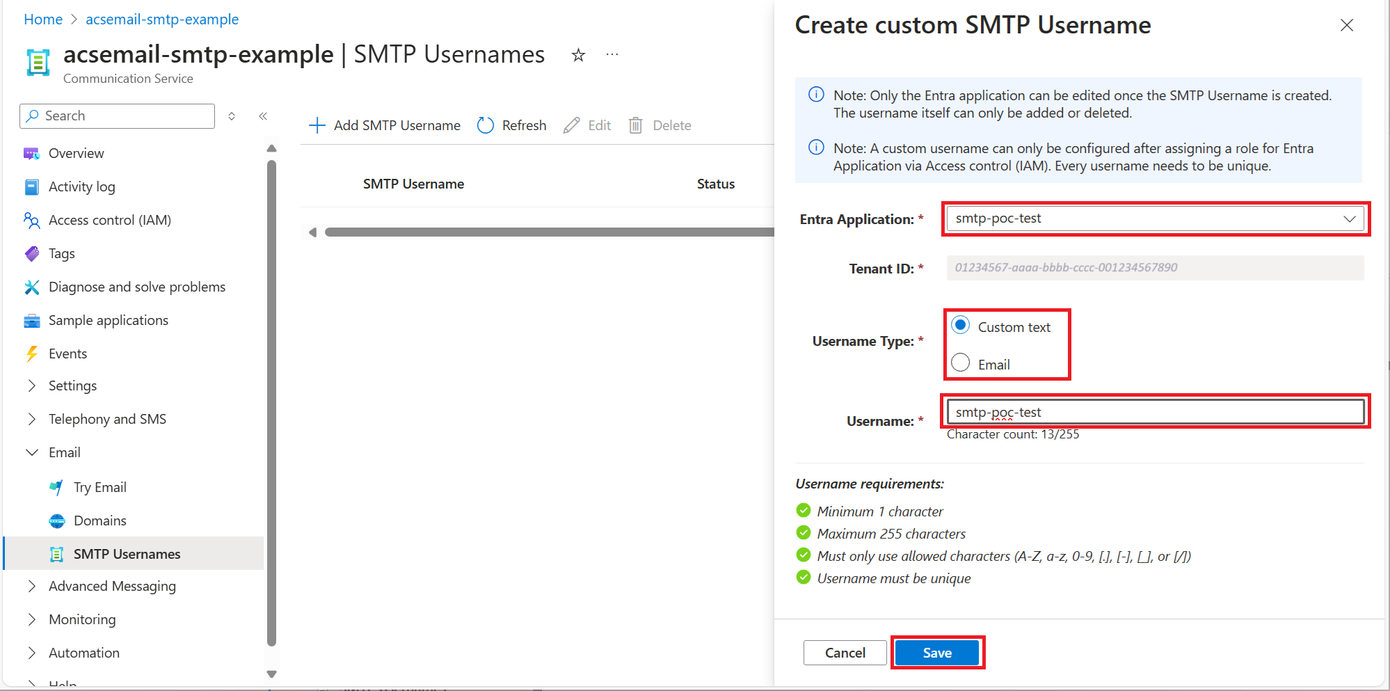 Screenshot che mostra l'aggiunta di un nome utente SMTP.