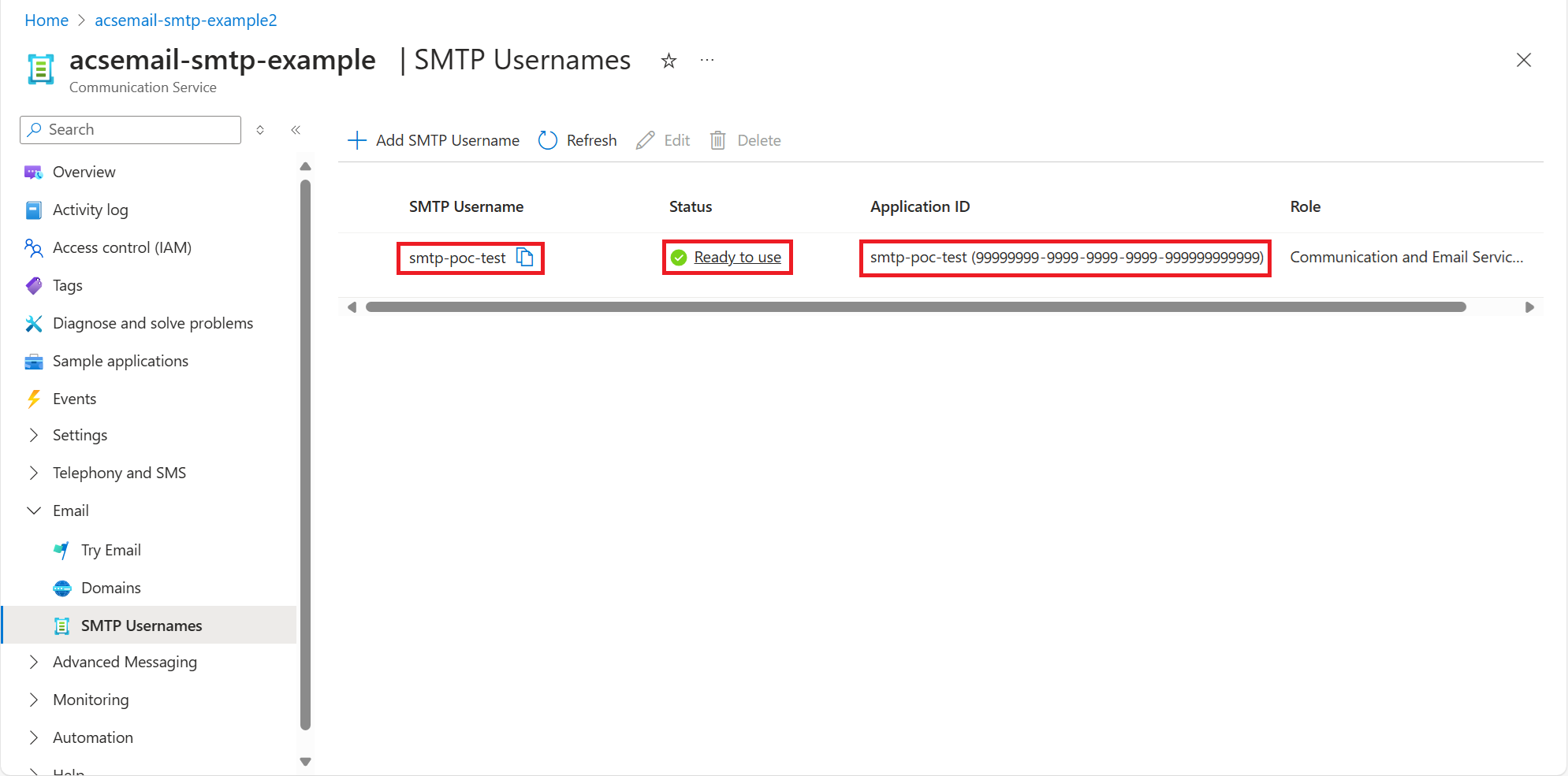 Screenshot che mostra il nome utente SMTP appena creato nell'elenco.