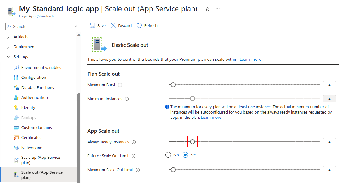 Screenshot che mostra il portale di Azure, la risorsa dell'app per la logica Standard, la pagina di Scale out e il numero di istanze sempre pronte impostate in modo che corrispondano al numero di Burst massimo e al Limite massimo di Scale Out.