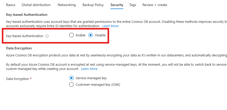 Screenshot dell'opzione per disabilitare l'autenticazione basata su chiave durante la creazione di un nuovo account nel portale di Azure.