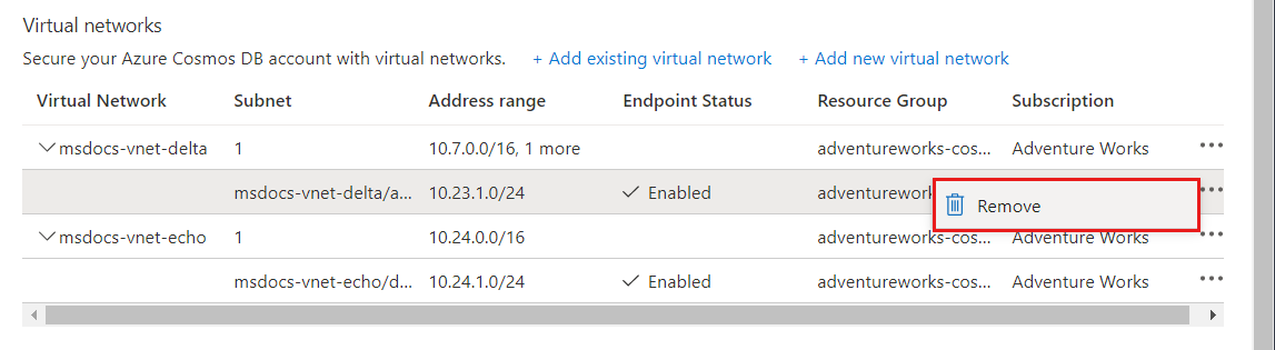 Screenshot dell'opzione di menu per rimuovere una rete virtuale di Azure associata.