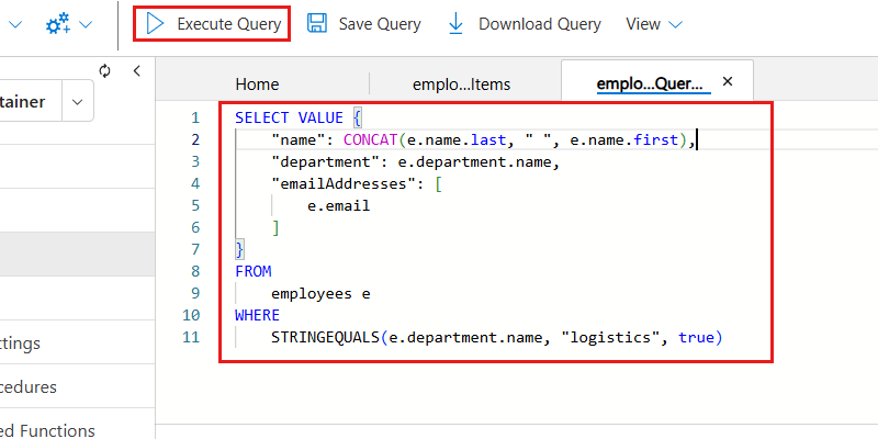 Screenshot del testo della query NoSQL all'interno del Esplora dati.