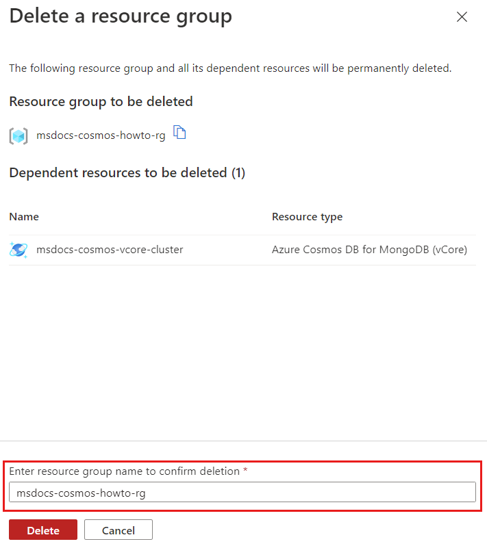 Screenshot della finestra di dialogo di conferma dell'eliminazione del gruppo di risorse con il nome del gruppo inserito.