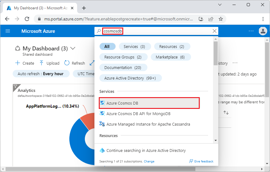 Screenshot raffigurante la ricerca di CosmosDB.