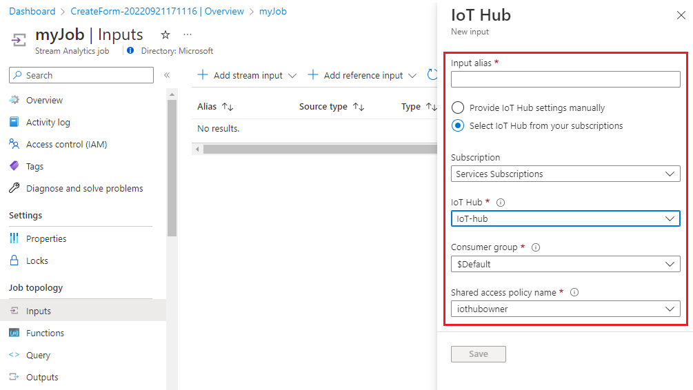 Screenshot che mostra la configurazione dell'input del processo in Analisi di flusso.