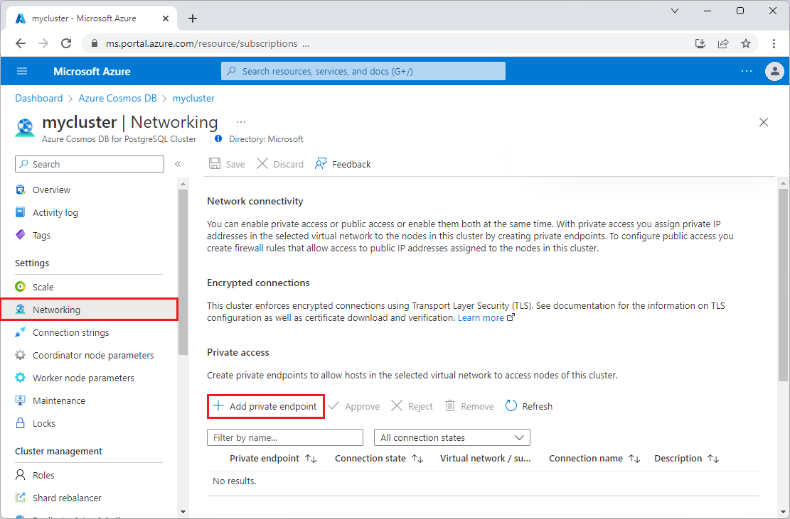 Screenshot che mostra la selezione di Aggiungi endpoint privato nella schermata Rete.