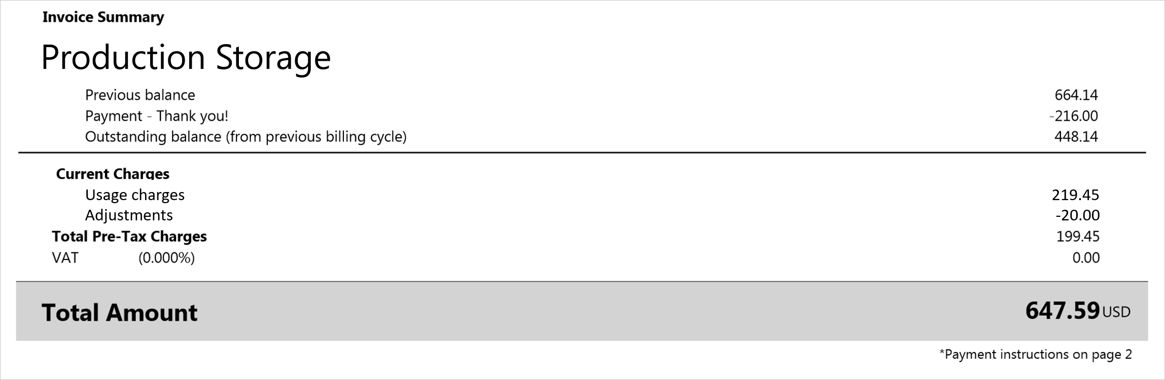 Screenshot che mostra la sezione Riepilogo della fattura di una fattura.