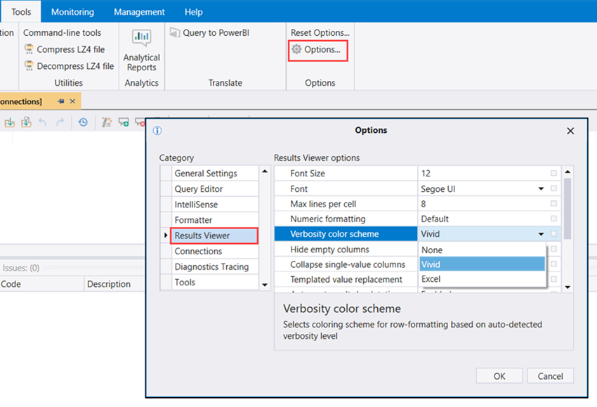 Screenshot della modifica della combinazione di colori di Kusto Explorer.