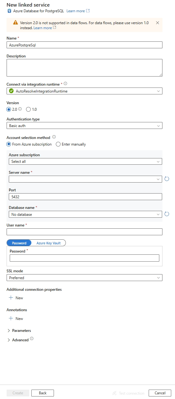 Configurare un servizio collegato al Database di Azure per PostgreSQL.