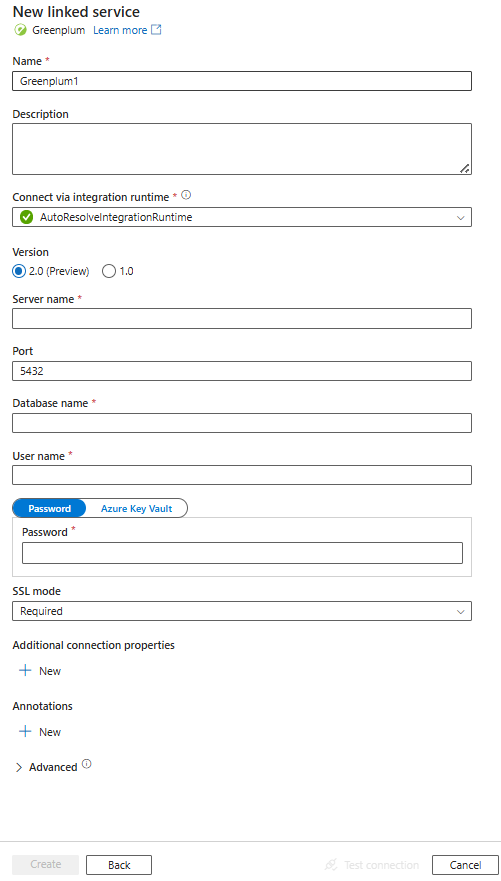 Screenshot della configurazione del servizio collegato per Greenplum.