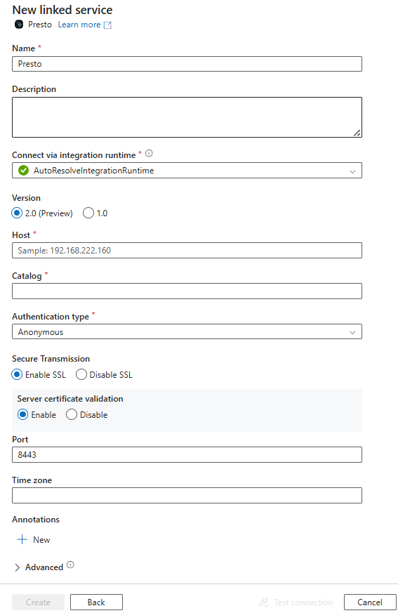 Screenshot della configurazione del servizio collegato di Presto.