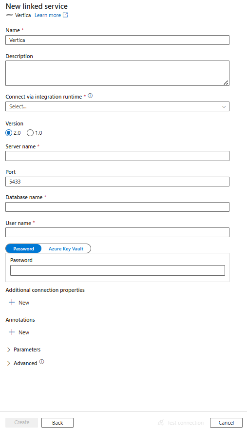 Screenshot della configurazione del servizio collegato per Vertica.