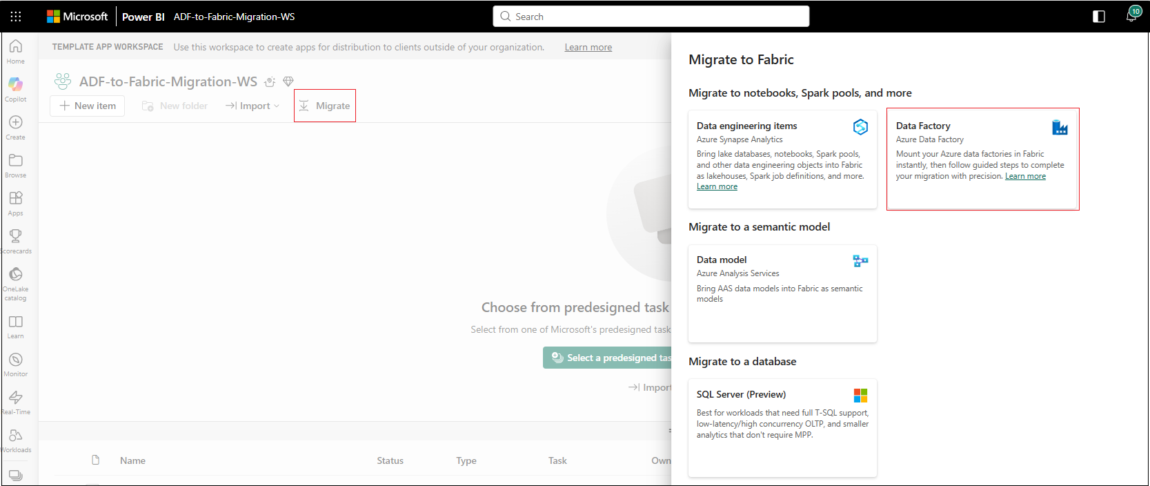Screenshot che mostra il pannello Esegui migrazione a Fabric in un'area di lavoro Fabric con l'opzione Data Factory evidenziata.