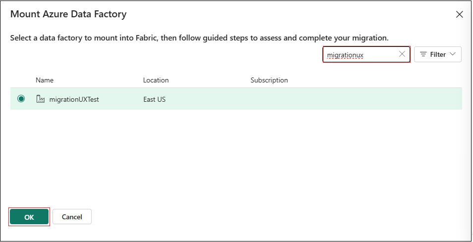 Screenshot che mostra l'esperienza di montaggio dall'endpoint Migrate in Fabric.