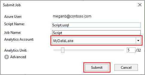 Inviare un progetto di Visual Studio U-SQL
