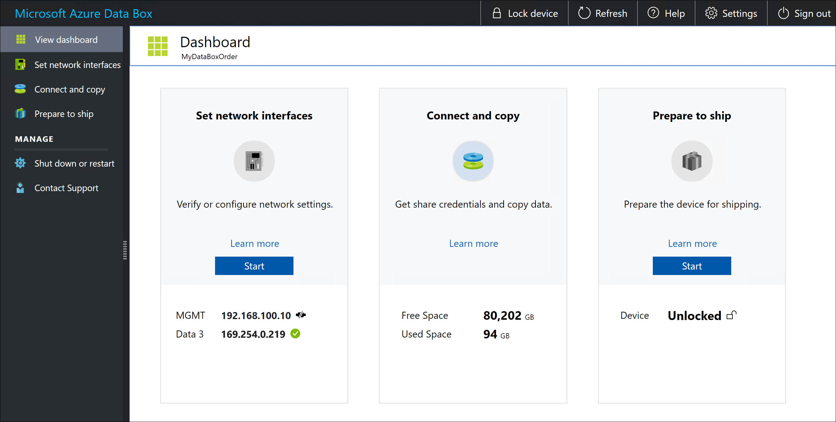 Screenshot dell'interfaccia utente Web locale di Data Box.