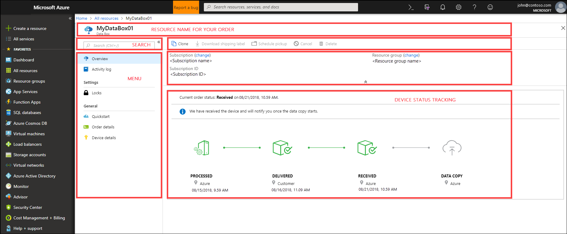 Screenshot del servizio Data Box in portale di Azure.
