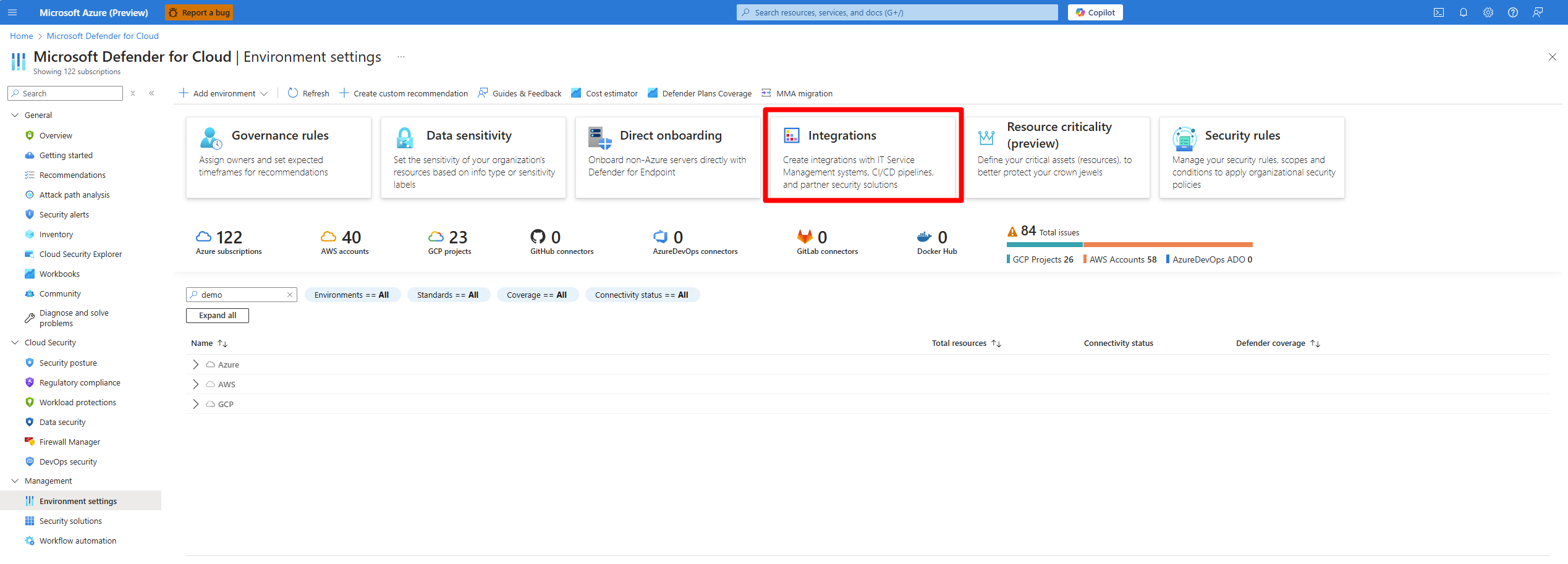 Screenshot della pagina delle impostazioni dell'ambiente che mostra dove selezionare l'opzione ServiceNow.