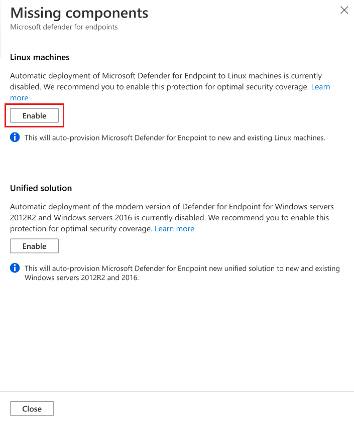 Screenshot dell'abilitazione dell'integrazione tra Defender per il cloud e la soluzione EDR di Microsoft, Microsoft Defender per endpoint per Linux.