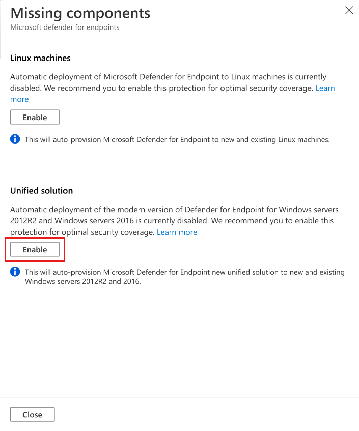 Screenshot dell'abilitazione dell'uso della soluzione unificata Defender per endpoint per i computer Windows Server 2012 R2 e 2016.