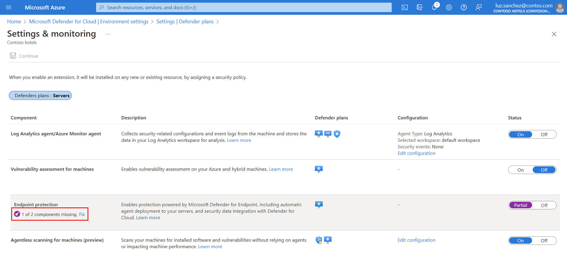 Screenshot del pulsante Correzione che abilita il supporto Microsoft Defender per endpoint.
