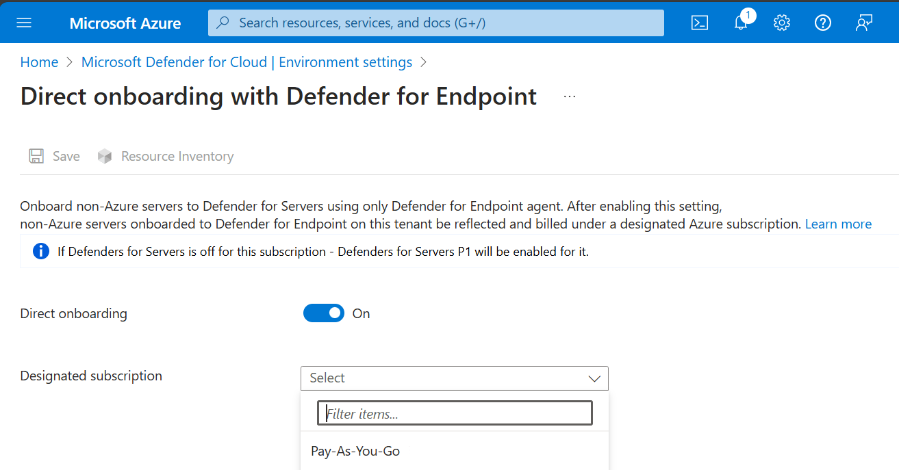 Screenshot dell'integrazione di server non Azure con Defender per endpoint.