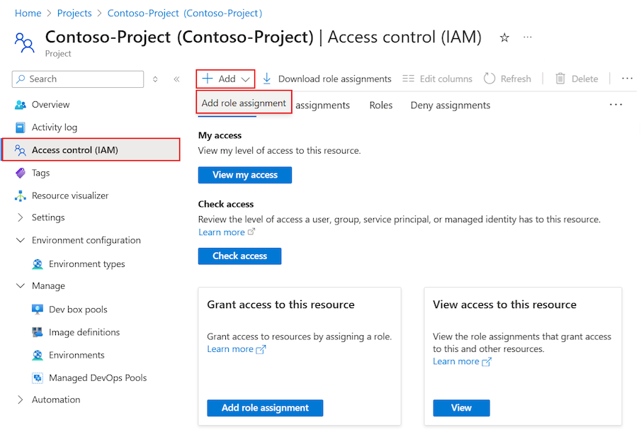 Screenshot che mostra la pagina per il controllo di accesso al progetto con l'opzione Aggiungi assegnazione di ruolo evidenziata.