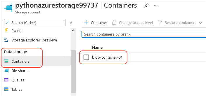 Pagina del Portale di Azure per l'account di archiviazione che mostra il Blob Container