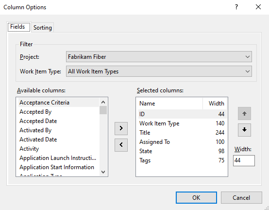 Screenshot che mostra la finestra di dialogo Opzioni colonne, Visual Studio, scheda Campi.